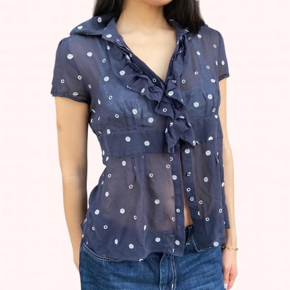 Ann Taylor Tops - Vintage Y2K Sheer Button Up Cap Sleeve Babydoll Blouse